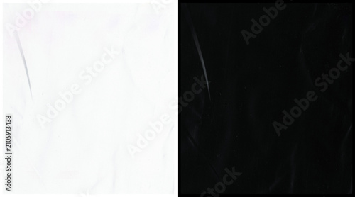 Foto Crumpled plastic wrap texture set, transparent cellophane overlay on black and w