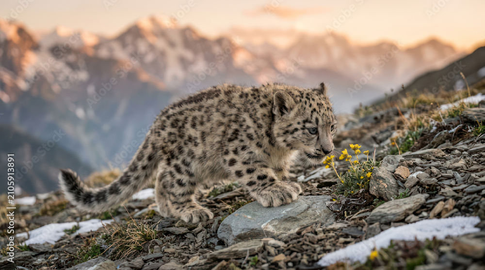 Fototapeta premium Snow Leopard Walking on Rocky Mountain Slope at Sunset.