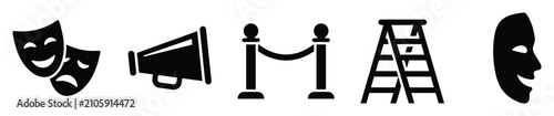 Set of stage and event equipment icons featuring comedy and tragedy masks, a megaphone, crowd control stanchions, and a stepladder useful for media, performance, and organizational applications.