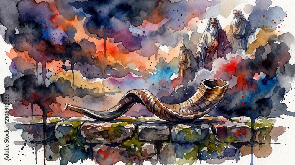 Fototapeta premium Ancient shofar horn on a stone wall under a dramatic sky. Watercolor illustration of biblical heroes and prophets. Old Testament religious concept