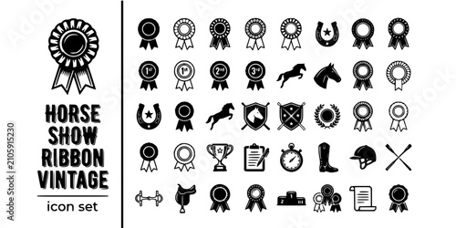Horse Show Ribbon Vintage Black White-Champion Rosette Ribbon Badge Classic-Show Award Vector-Ribbon Icon Vintage-Equestrian Design Set