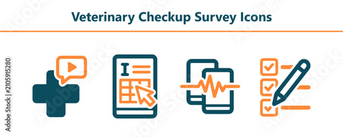 Conceptual pet care illustrations displaying Veterinary Checkup Survey Icons for digital health reporting client satisfaction and telemedicine monitoring