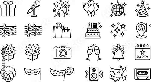 Foto Party and celebration line icon set featuring birthday cake balloons disco ball