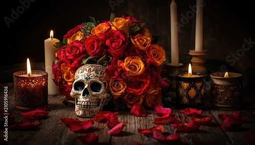 Dramatic halloween still life sugar skull roses and candles for spooky season decor
