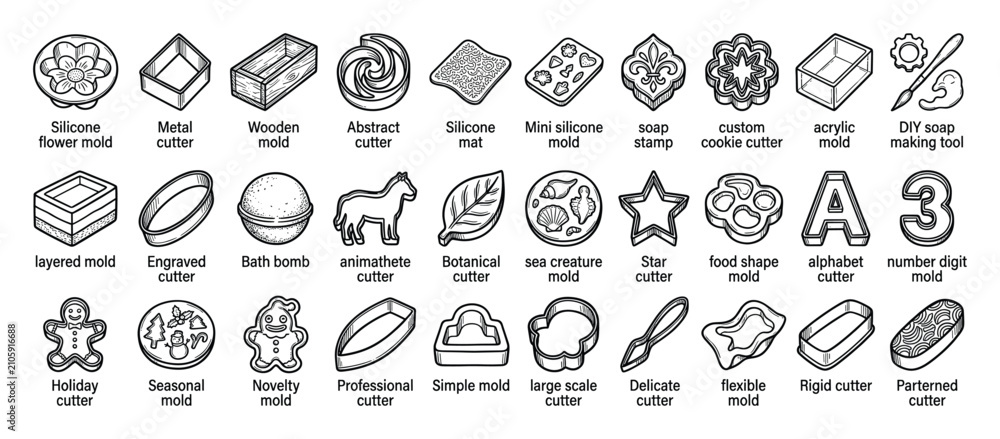 Fototapeta premium Set of diverse crafting molds and cutters including silicone, metal, and wooden types for DIY projects, baking, and soap making resources
