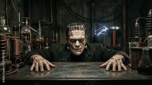 Classic Stitched Monster with Industrial Metal Workbench for Halloween Product Placement