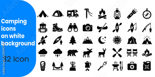 Camping outdoor adventure icon set 32 black vector graphics