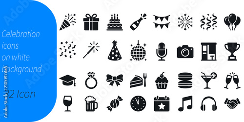 Celebration icon set party supplies events and festive occasions graphics