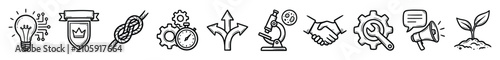 Set of hand drawn business and technology icons depicting ideas quality solutions efficiency growth and partnership suitable for corporate presentations and digital applications