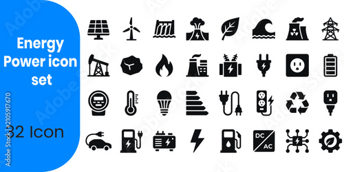 Energy and power icon set 32 black glyphs for sustainable solutions
