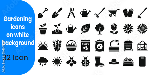 Gardening tools and plant icons set black and white vector illustration