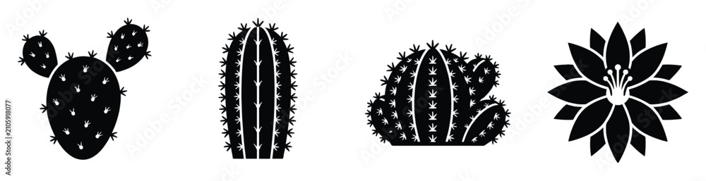 Fototapeta premium Set of black cactus plant and flower silhouettes perfect for arid landscape botanical themes and graphic design projects