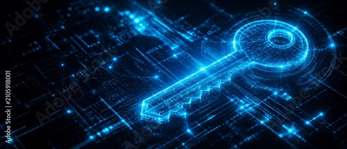 Futuristic glowing digital key icon overlaid on a blue illuminated circuit board grid, symbolizing cybersecurity, encryption, secure access, authentication, and digital protection