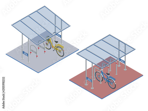 isometric covered bike shelters with parked bicycles in two scenes