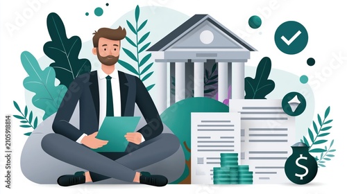 Business person sitting with documents and dollar sign in front of bank building in green environment