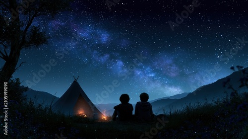 Two children sit near a tent under a starry sky at night in a valley surrounded by mountains
