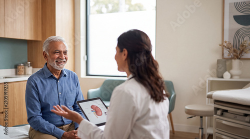 Smiling senior man sitting in a medical clinic while a female doctor explains a kidney diagram on a digital tablet