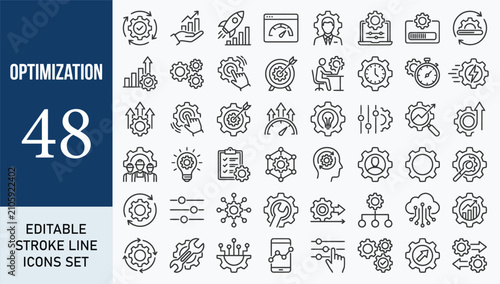 Optimization icon set. Containing development, improvement, process, setting, setup, workflow, gear, control, automation, productivity and more. Editable line icons. Vector illustration.
