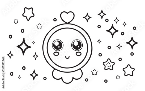 Cute Kawaii Astronaut Character with Stars and Sparkles Outline Coloring Page Vector Illustration