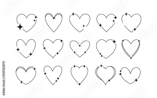 Cute Heart Outline Frame Collection with Sparkle Elements Isolated on White Background Vector Illustration