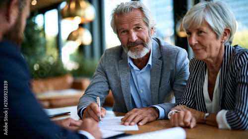 Over the shoulder view of a senior couple meeting with a professional attorney reviewing contracts at a bright office table legal and financial planning concept consultation