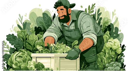 Farmer in green overalls holding fresh vegetables in garden