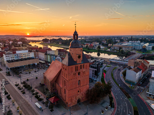 Aerial drone view of Saint Mary's cathedral at sunrise in Gorzów Wielkopolski