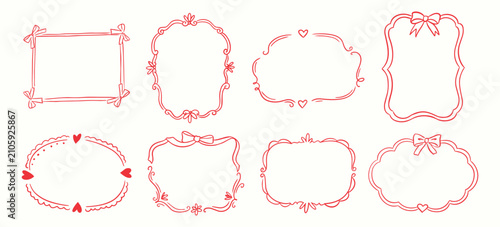 Set of elegant whimsical hand drawn spring frames with wavy squiggle curly ribbons in trendy, vintage styles. Perfect for quirky holiday, wedding, bachelorette invitation