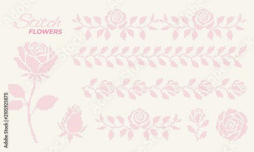 Cross floral border set with roses, leafy branches and vintage embroidery motifs. Decorative pixel mosaic ornaments inspired by traditional cross stitch patterns in a romantic vintage style