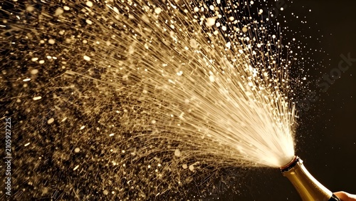 095. [STYLE] of champagne spray erupting in golden light showing arcing foam and droplets exploding across the frame with effervescent bubble and mist textures, backlit celebratory burst lighting, spa