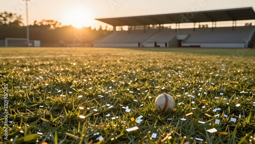 100. [STYLE] of a slow golden sunrise over a victory-morning pitch showing scattered confetti and a forgotten ball on dewy grass with foil flecks and turf textures, serene aftermath dawn lighting, sof