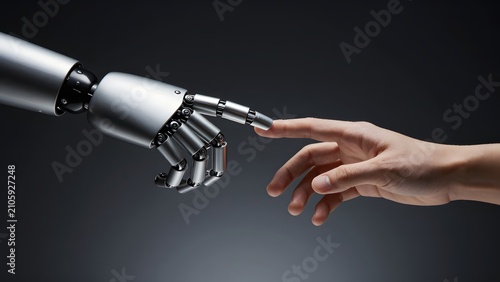 102. [STYLE] of a humanoid robot hand reaching toward a human hand showing fingertips nearly touching with brushed titanium joints and soft skin textures, dramatic chiaroscuro spotlight, cool chrome a