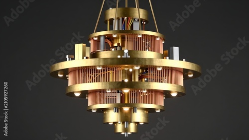 106. [STYLE] of a quantum computer chandelier showing intricate gold-plated cooling stages descending in tiers with copper coils, wiring looms and polished plate textures, precise laboratory accent li