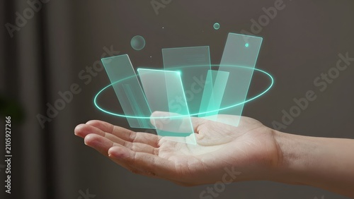 105. [STYLE] of holographic interface elements floating above an open palm showing translucent geometric panels and orbiting rings with light-projection and skin textures, soft sci-fi underglow lighti
