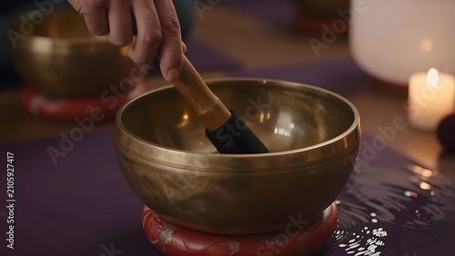 152. [STYLE] of a sound-healing bowl in resonance showing mallet circling a brass singing bowl with vibration ripples in its water and hammered-metal textures, warm candlelit ambience, antique brass a