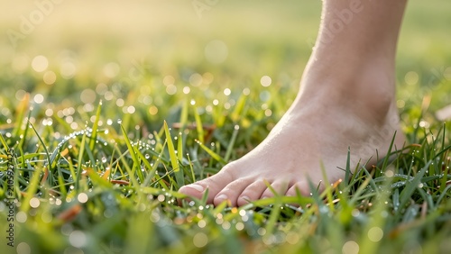 157. [STYLE] of barefoot grounding on morning grass showing toes pressing into dewy blades with droplet macro and skin textures, low raking sunrise light, fresh green and warm skin palette, soft meado