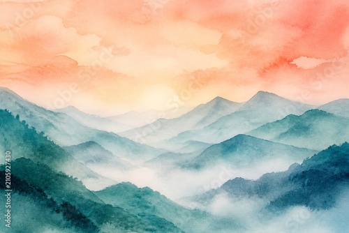 Layered watercolor mountains with misty sunrise atmosphere