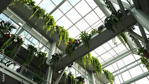 178. [STYLE] of an upward view in a glass office atrium showing crisscrossing walkways and hanging gardens beneath a skylight with steel cable and foliage textures, luminous diffused toplight, ivy gre