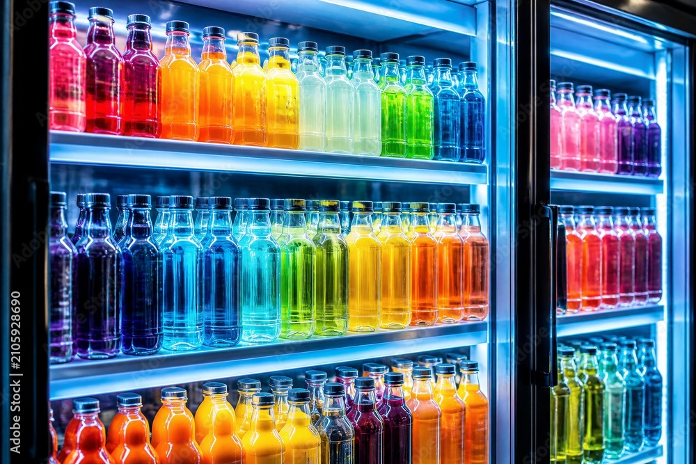 Obraz premium Bottles arranged in rainbow order inside refrigerated display