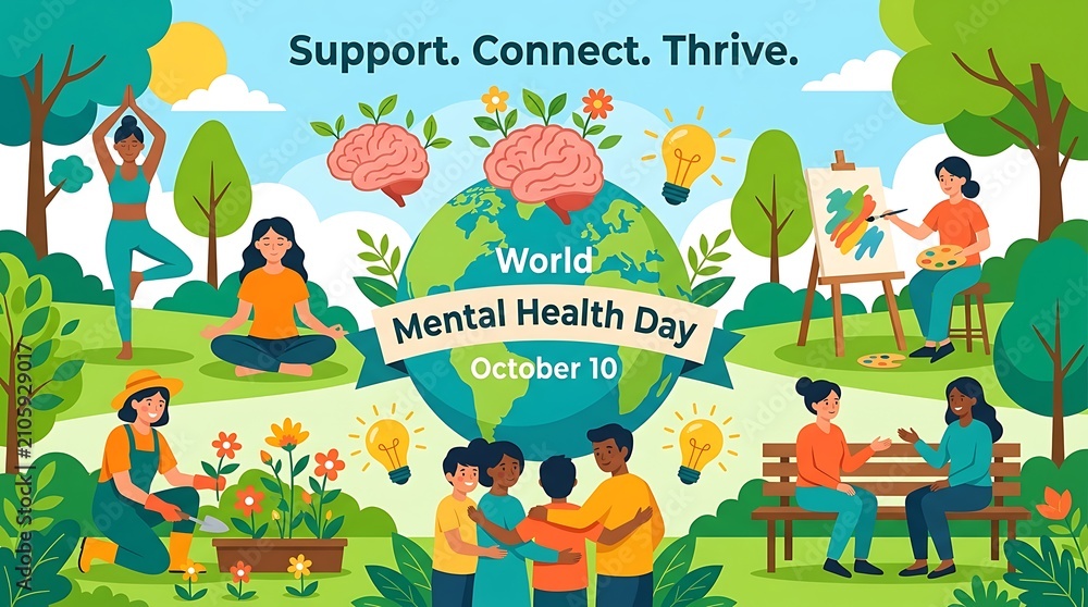 Fototapeta premium World mental health day illustration support connection and wellbeing