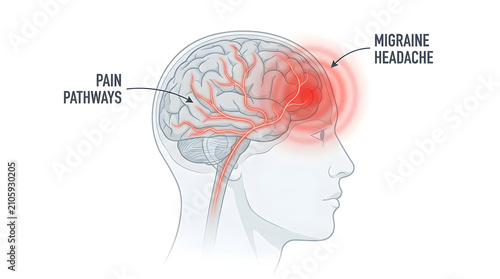 Migraine headache brain pain pathway anatomy medical illustration with migraine, headache