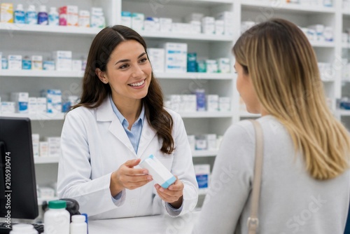 Pharmacist advising customer at pharmacy counter during consultation