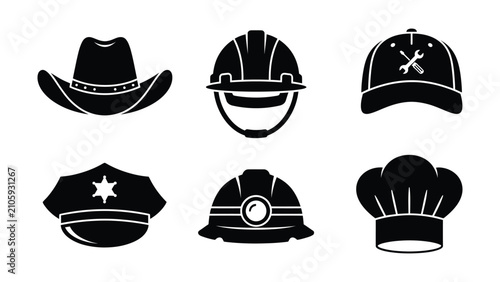 Tableau sur toile Set of six different style headwear icons featuring various occupational hats