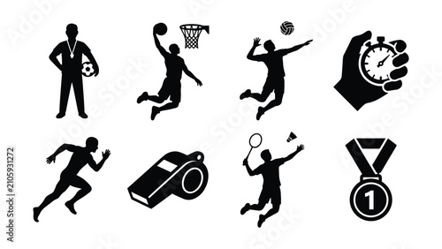 Tableau sur toile Set of sports and athletic activity icons with medal and stopwatch symbols