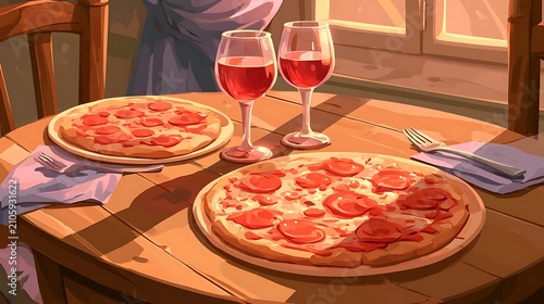 Fresh pepperoni pizza slices on wooden serving boards with drink