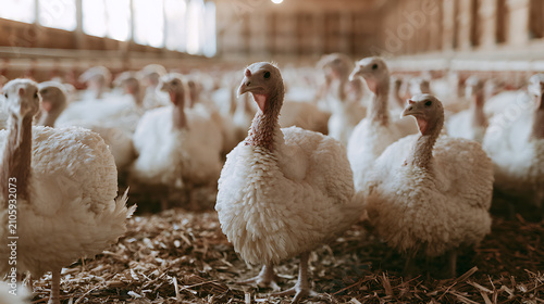 A close-up view of domesticated fowl, likely young turkeys (Meleagris gallopavo), stand alert in a busy, light-filled agricultural enclosure
