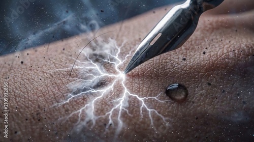 Calligraphy Pen Nib Touching Human Skin With Electric Lightning Sparks
