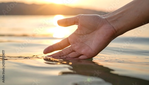 Hand holding coffee cup over water reflection.