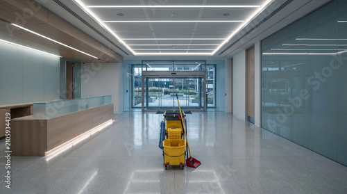 Modern office lobby with a yellow mop bucket and cleaning supplies on a polished floor.