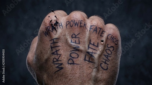 Clenched Fist With Dark Liquid Drops And Words Wrath Power Fate Chaos On Skin